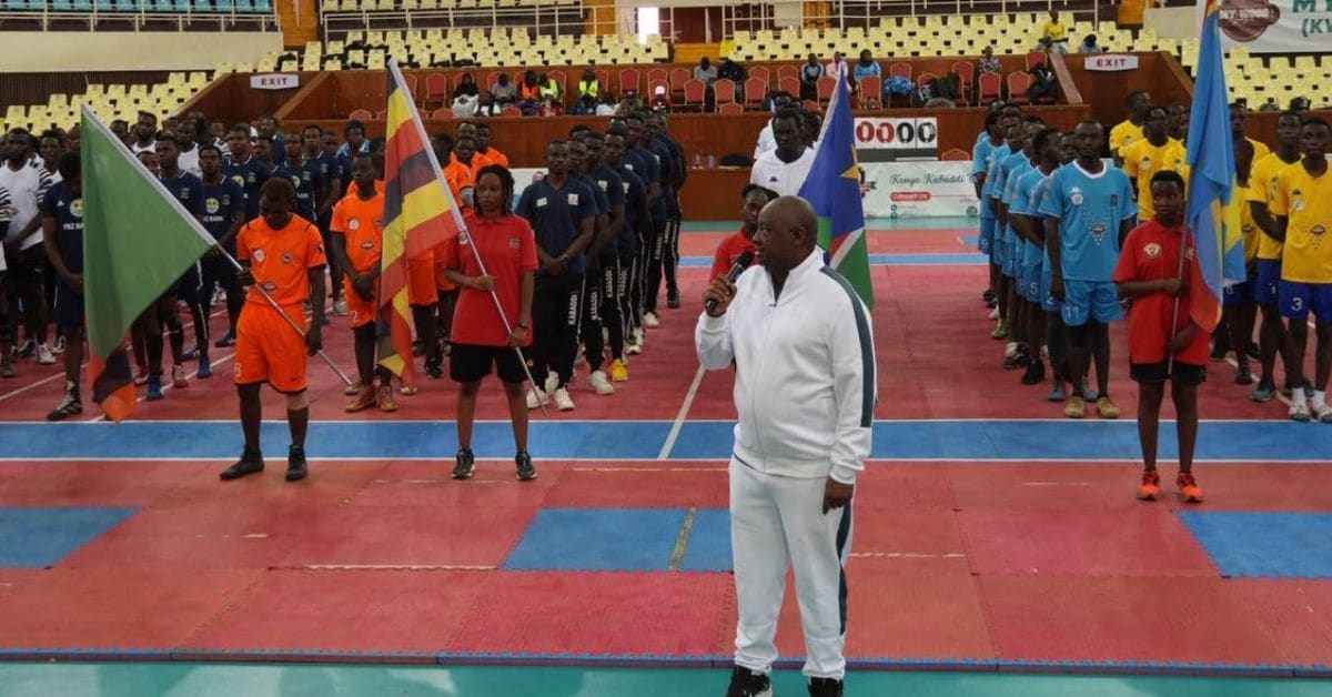 Teams line up behind their national flags at the opening ceremony of the Africa Kabaddi Championship at Kasarani Indoor Arena, Nairobi.