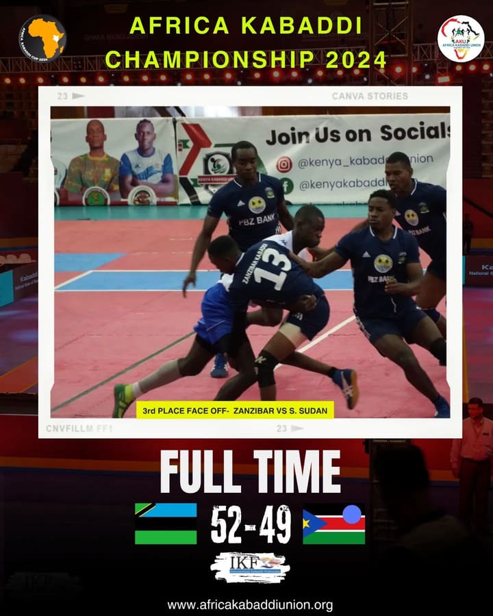 Full-time graphic: Zanzibar 52–49 South Sudan in the third-place play-off, Africa Kabaddi Championship 2024.