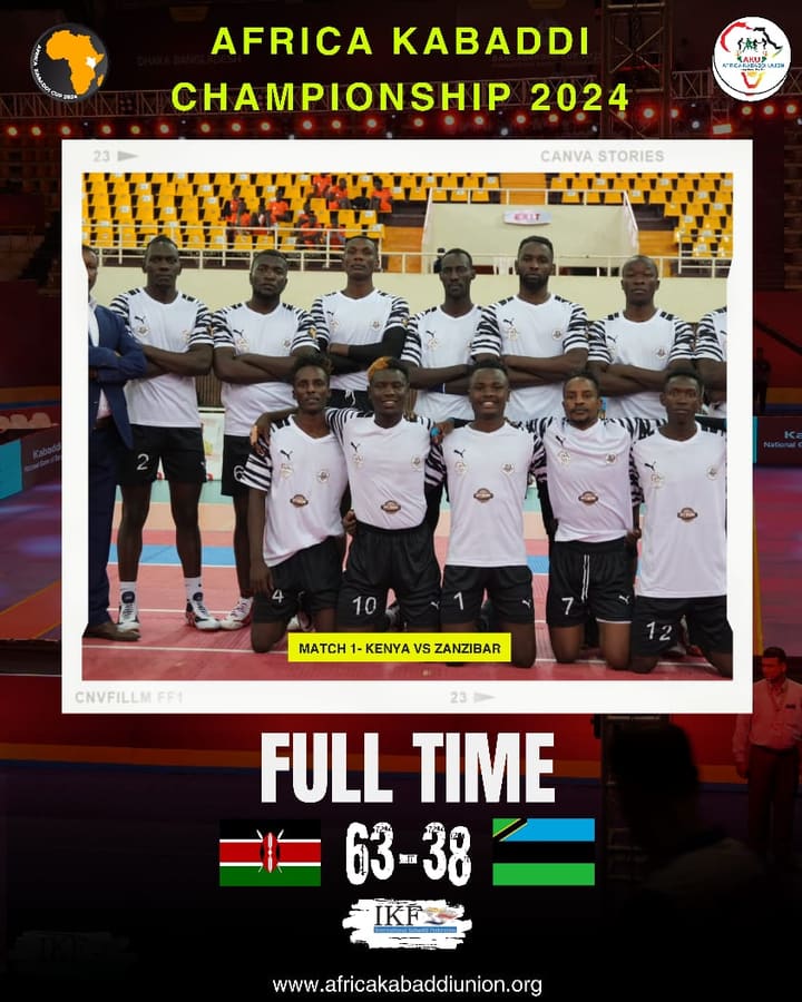 Full-time graphic: Kenya 63–38 Zanzibar in the opening match of the Africa Kabaddi Championship 2024.