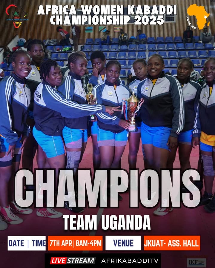 Uganda’s She Gladiators lift the Africa Women Kabaddi Championship 2025 trophy.