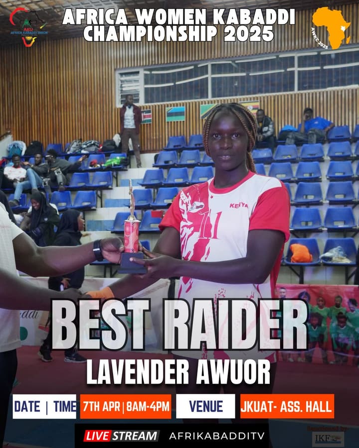 Lavender Awuor of Kenya receives the Best Raider award at the Africa Women Kabaddi Championship 2025.