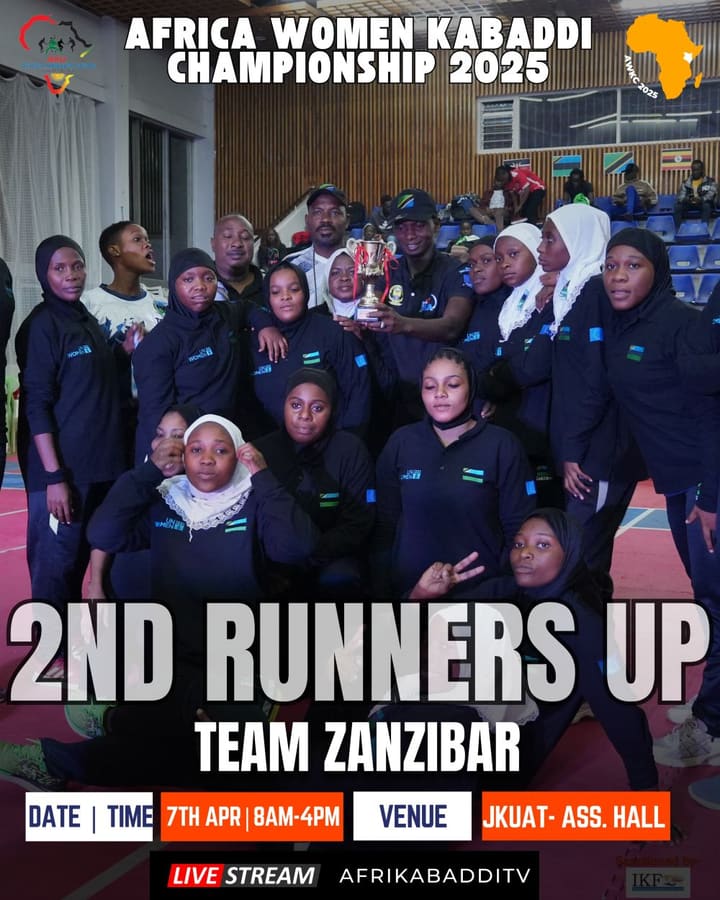 Team Zanzibar with their trophy as second runners-up at the Africa Women Kabaddi Championship 2025.