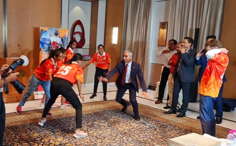 A kabaddi demonstration match at the 2025 World Cup host announcement.