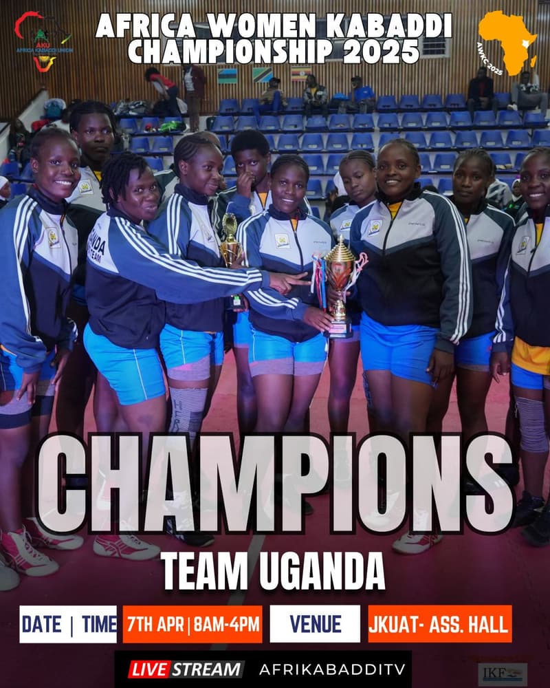 Uganda’s She Gladiators lift the winners’ trophy at the Africa Women Kabaddi Championship 2025.