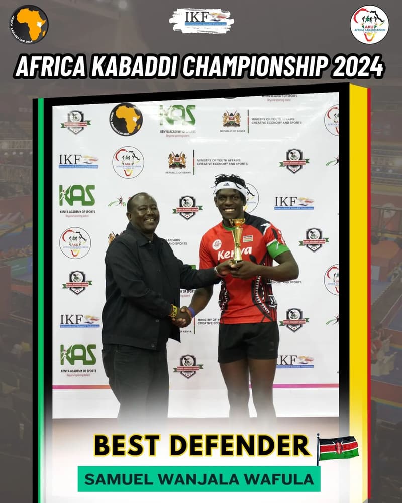 Mulalira Douglas of Uganda receives the Most Valuable Player trophy, Africa Kabaddi Championship 2024.
