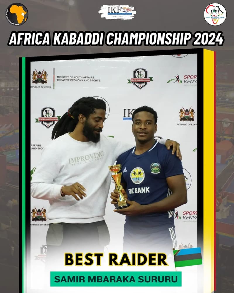 Mulalira Douglas of Uganda receives the Most Valuable Player trophy, Africa Kabaddi Championship 2024.