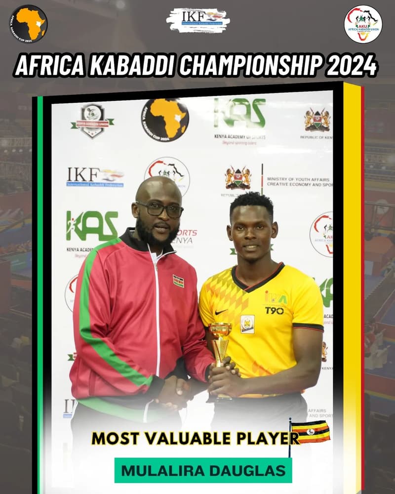 Mulalira Douglas of Uganda receives the Most Valuable Player trophy, Africa Kabaddi Championship 2024.