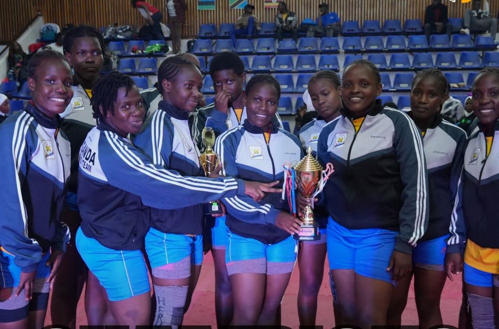 The Uganda women’s squad, the She Gladiators, hold the winners’ trophy after the Africa Women Kabaddi Championship 2025.